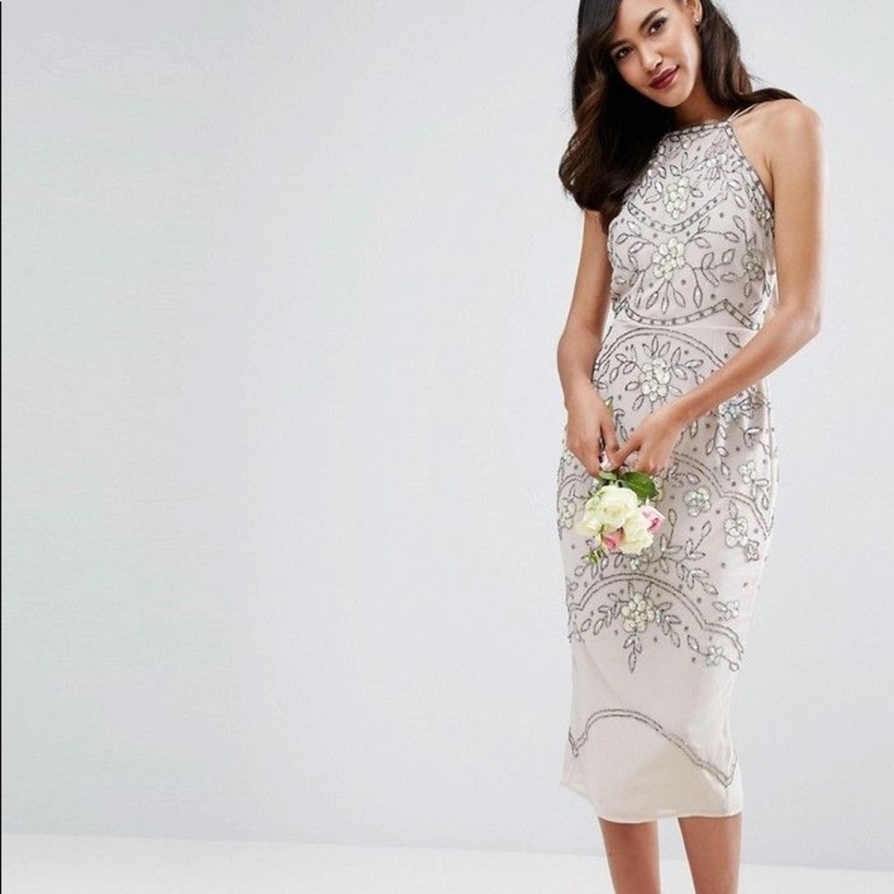 ASOS embellished drape back midi pencil dress